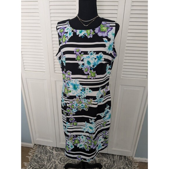 Ronni Nicole Dress Womens sz 12 Sheath Floral Purple Black Striped Stretch Fit - Picture 1 of 14